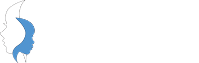 Logo Råde Logopedtjeneste med hvit skrift, ikonet er et stort hvitt ansikt og et lite mellomblått ansikt som viser hver sin vei